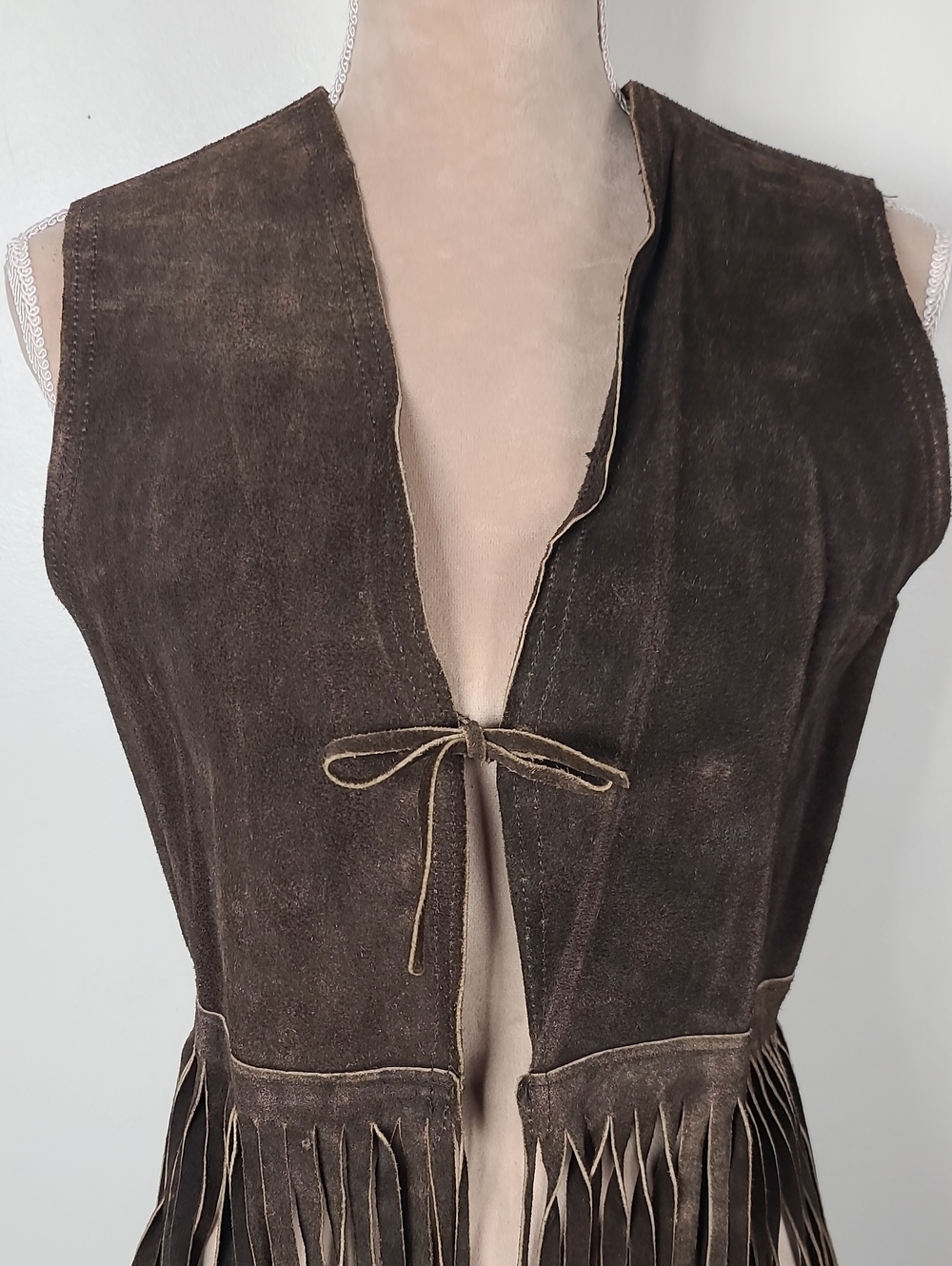 Vtg 70s Brown Suede Leather Boho Hippie Western Cowgirl Rodeo Fringe Vest S - Picture 6 of 15